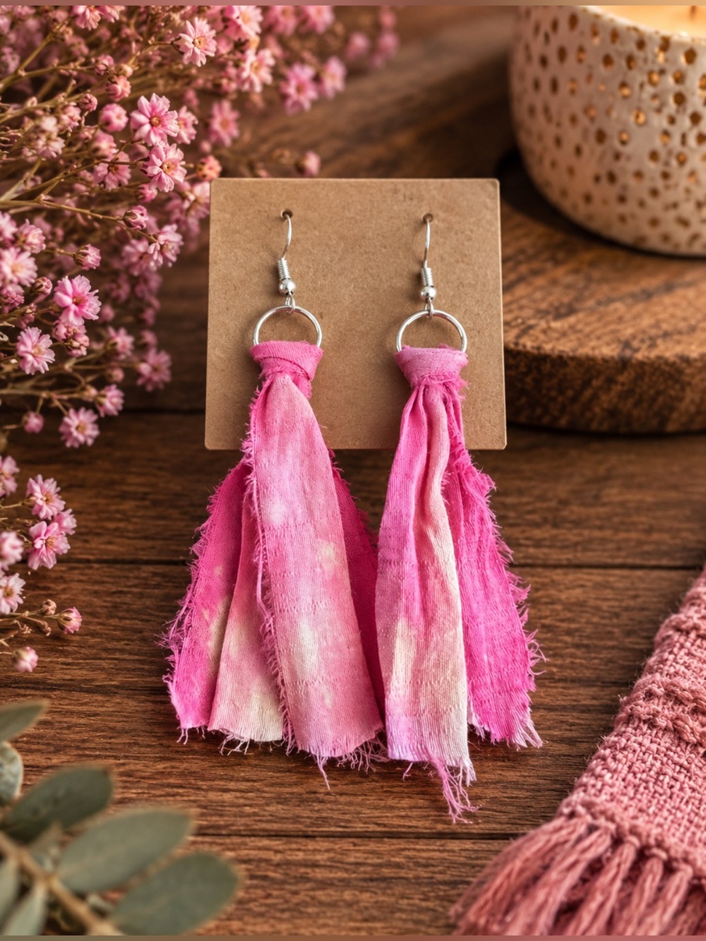 Handmade Pink Sari Silk Ribbon Boho Statement Earrings